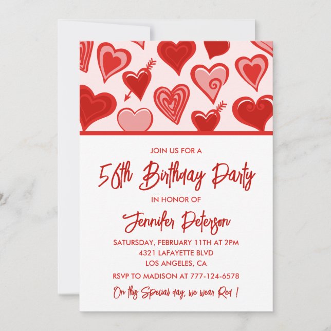 Pink Red Hearts Pattern Simple 56th birthday  Invitation (Front)