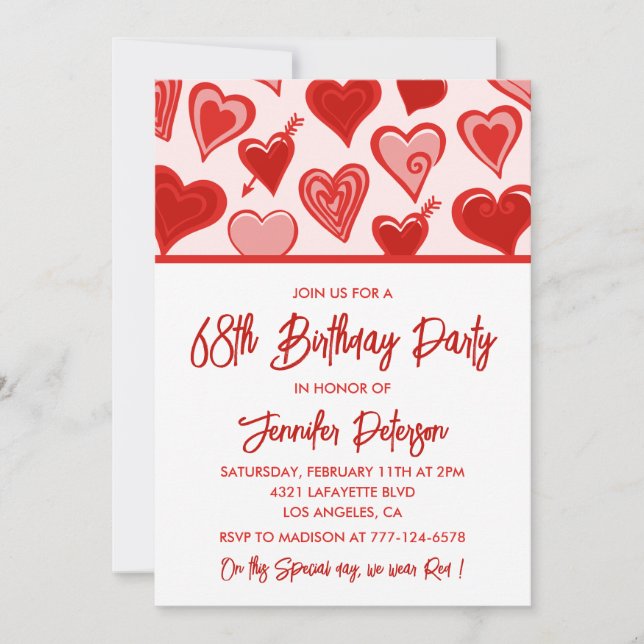 Pink Red Hearts Pattern Simple 68th birthday  Invitation (Front)