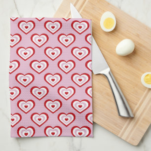 Pink Red Hearts Pattern Tea Towel