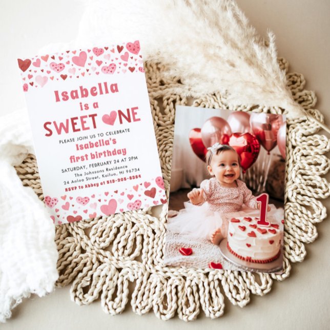 Pink Red Hearts Sweet One Valentine First Birthday Invitation (Creator Uploaded)