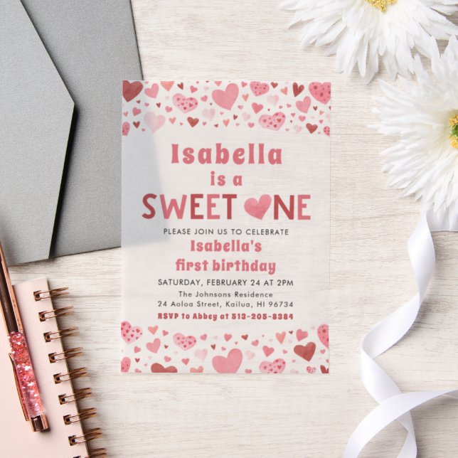 Pink Red Hearts Sweet One Valentine First Birthday Vellum Invitations (Wedding)