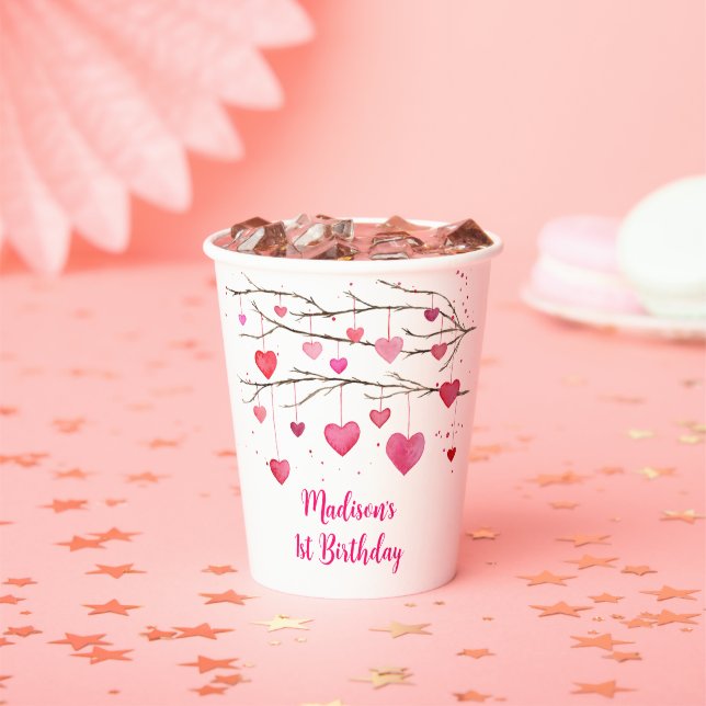 Pink Red Hearts Sweetheart Birthday Paper Cups (Insitu)