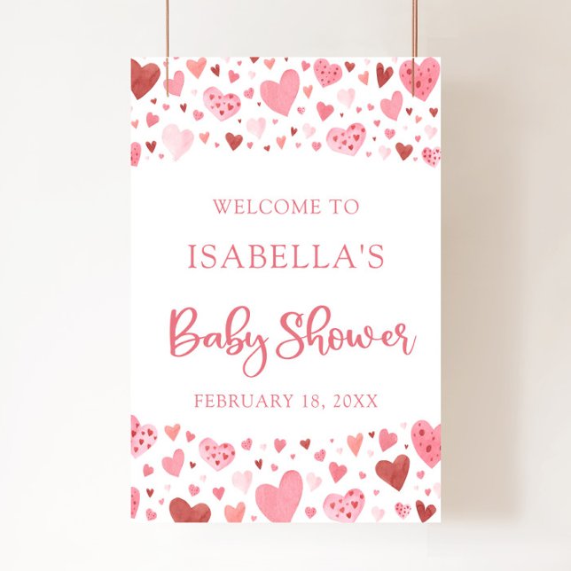 Pink Red Hearts Valentine Sweetheart Baby Shower Poster (Creator Uploaded)