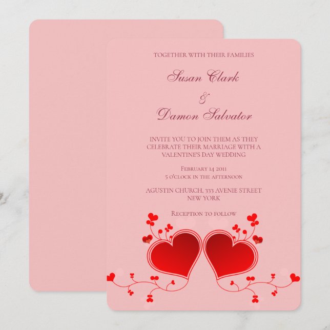 Pink Red Hearts Valentine's Wedding Day  Invitation (Front/Back)