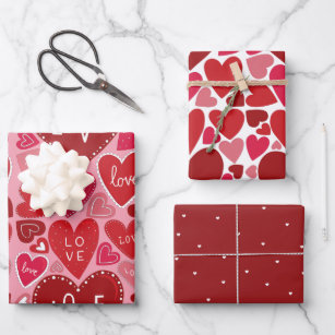Pink Red Hearts Wrapping Paper Flat Sheet Set of 3