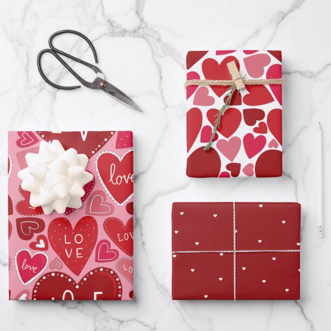 Pink Red Hearts Wrapping Paper Flat Sheet Set of 3 (Front)