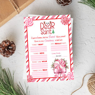 Pink Red Holiday Candy Cane Christmas Wishlist Card