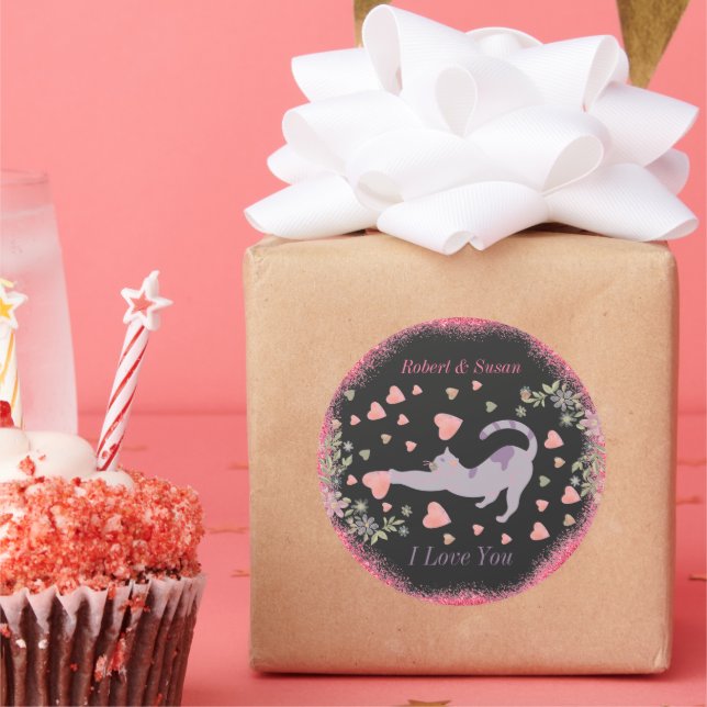 Pink Red I Love You Cat Modern Valentines Day Classic Round Sticker (Party)