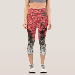 Pink red ivy leaves autumn stone wall capri leggings