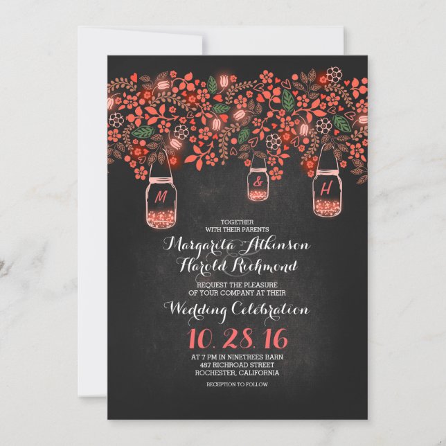 pink red lights mason jars chalkboard wedding invitation (Front)