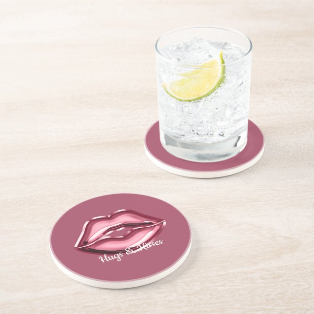 Pink Red Lips Kiss Coaster (Side)