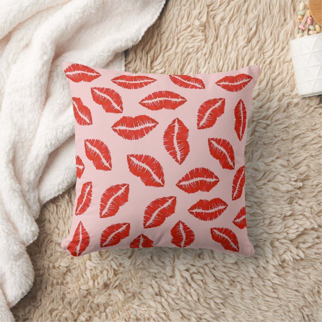Pink Red Lips Love Lipstick Kiss Kisses Makeup Cushion (Blanket)