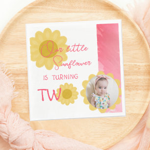 Pink Red Little Sunflower Second Birthday Photo Napkin