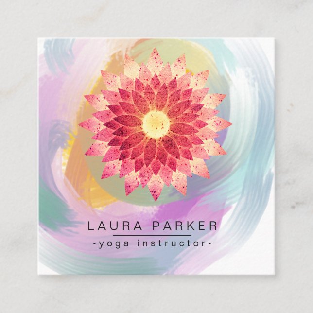 Pink Red Lotus Mandala Yoga Instructor Holistic Square Business Card (Front)