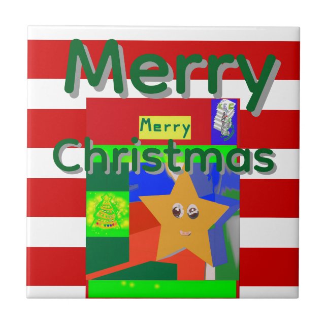 Pink Red Merry Christmas  Ceramic Tile (Front)