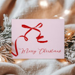 Pink Red Merry Christmas  Holiday Card<br><div class="desc">Minimal red bow Merry Christmas holiday card with a pink background</div>