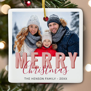 Pink Red Merry Christmas Script Family Photo Ceramic Ornament