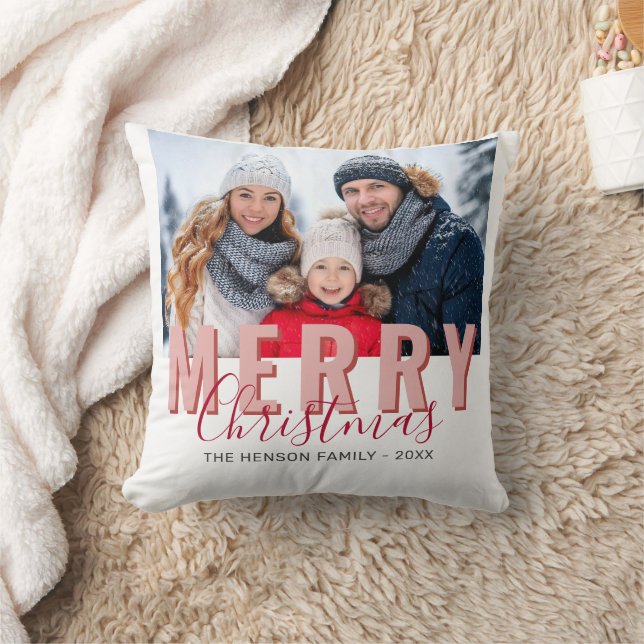 Pink Red Merry Christmas Script Family Photo Cushion (Blanket)