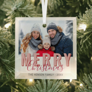 Pink Red Merry Christmas Script Family Photo Glass Tree Decoration