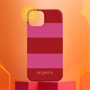 Pink Red Modern Striped Pattern with name iPhone 15 Case