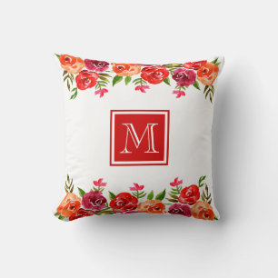 Pink Red Orange Flowers Monogrammed Cushion