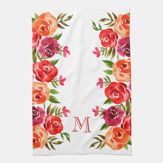 Pink Red Orange Flowers Monogrammed Tea Towel (Vertical)