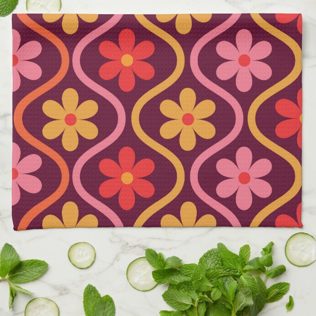 Pink Red Orange Flowers on Retro Ogee Pattern  Tea Towel (Folded)
