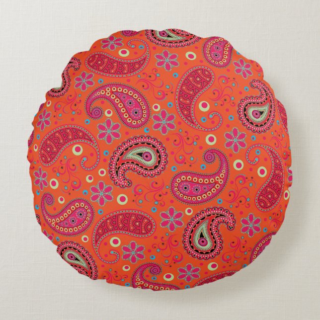 pink red orange paisley pattern,boho paisley round cushion (Front)