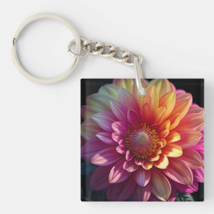 Pink Red Orange Yellow Purple Dahlia Flower Key Ring