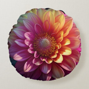 Pink Red Orange Yellow Purple Dahlia Flower Round Cushion