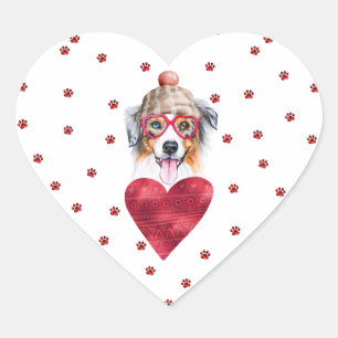 Pink Red Paws Australian Shepherd Dog Valentine's Heart Sticker