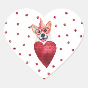 Pink Red Paws Corgi Dog Valentine's Heart Sticker