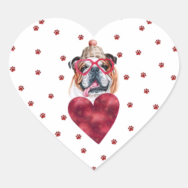 Pink Red Paws English Bulldog Dog Valentine's Heart Sticker (Front)