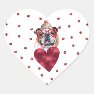 Pink Red Paws English Bulldog Dog Valentine's Heart Sticker