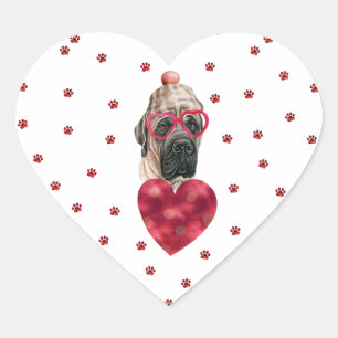 Pink Red Paws English Mastiff Dog Valentine's Heart Sticker