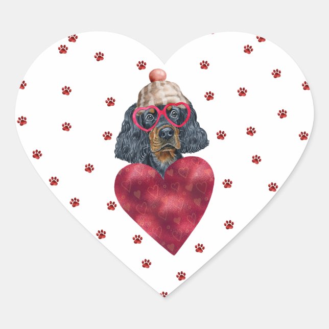 Pink Red Paws Gordon Setter Dog Valentine's Heart Sticker (Front)