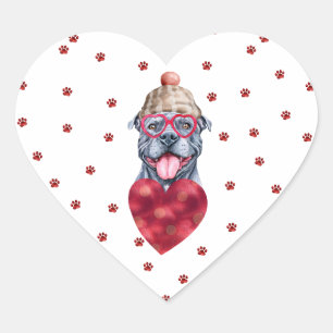 Pink Red Paws Grey Pitbull Dog Valentine's Heart Sticker