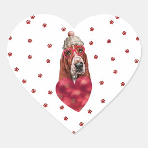 Pink Red Paws Heart Basset Hound Dog Valentines Sticker