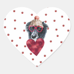 Pink Red Paws Heart Border Collie Dog Valentine's Sticker