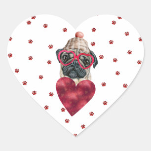 Pink Red Paws Heart Pug Dog Valentine's Heart Sticker