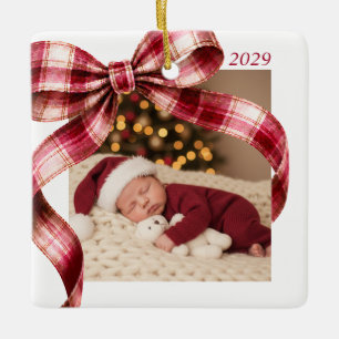 Pink Red Plaid Bow My 1st Christmas Photo Ornament