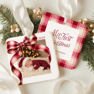 Pink Red Plaid Bow My 1st Christmas Photo Ornament