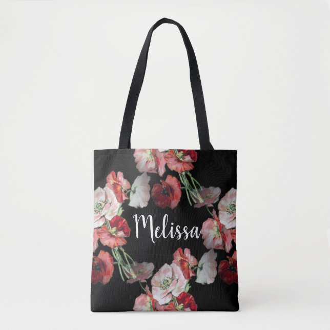 Pink & Red Poppies Pattern Custom Tote Bag (Front)