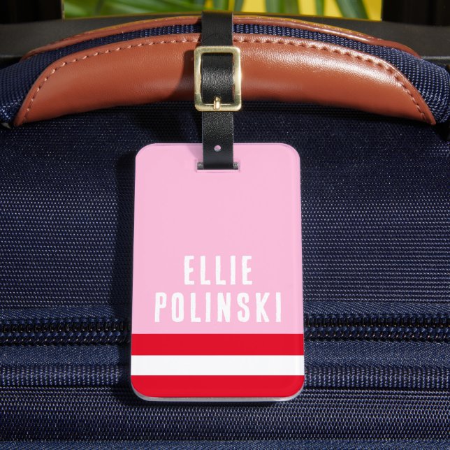 Pink Red Preppy Personalised Backpack Tag (Front Insitu 2)