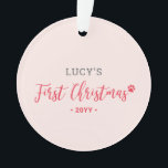 Pink & Red Puppy Dog First Christmas Photo Ornament<br><div class="desc">Celebrate the season with this stylish pet's first Christmas photo ornament. This design features modern lettering "First Christmas" with a cute red paw icon. You can add your photo and personalise the text. More holiday gifts and cards are available at my shop BaraBomDesign.</div>