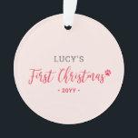 Pink & Red Puppy Dog First Christmas Photo Ornament<br><div class="desc">Celebrate the season with this stylish pet's first Christmas photo ornament. This design features modern lettering "First Christmas" with a cute red paw icon. You can add your photo and personalise the text. More holiday gifts and cards are available at my shop BaraBomDesign.</div>