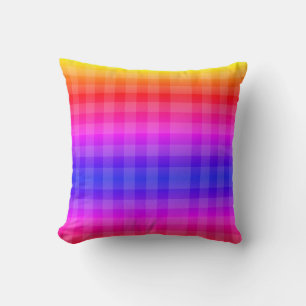 pink, red, purple, orange, and yellow plaid cushion