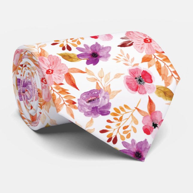 Pink, Red & Purple Watercolor Flower Pattern Tie (Rolled)