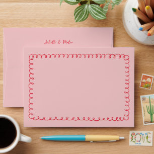 Pink-Red Quirky Doodle Frame Pre-Addressed Wedding Envelope