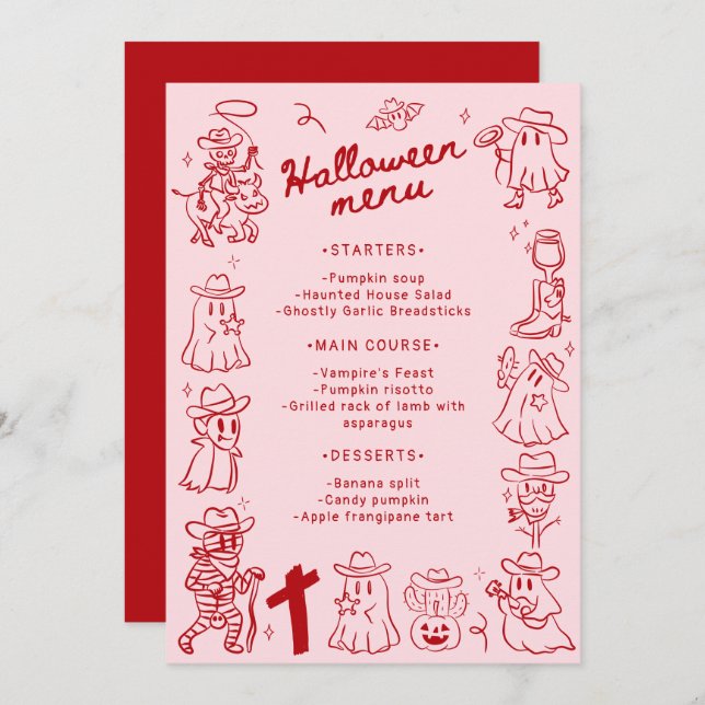 Pink Red Quirky Hand Drawn Doodles Halloween  Menu (Front/Back)